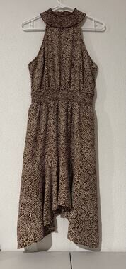 Maurices S Smocked Waist Mock Neck Halter Mini Dress Brown ZigZag Print Church